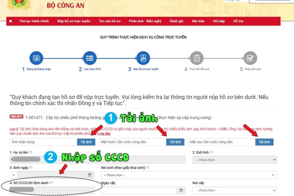 Điền trực tuyến trực tiếp trên cổng dịch vụ công